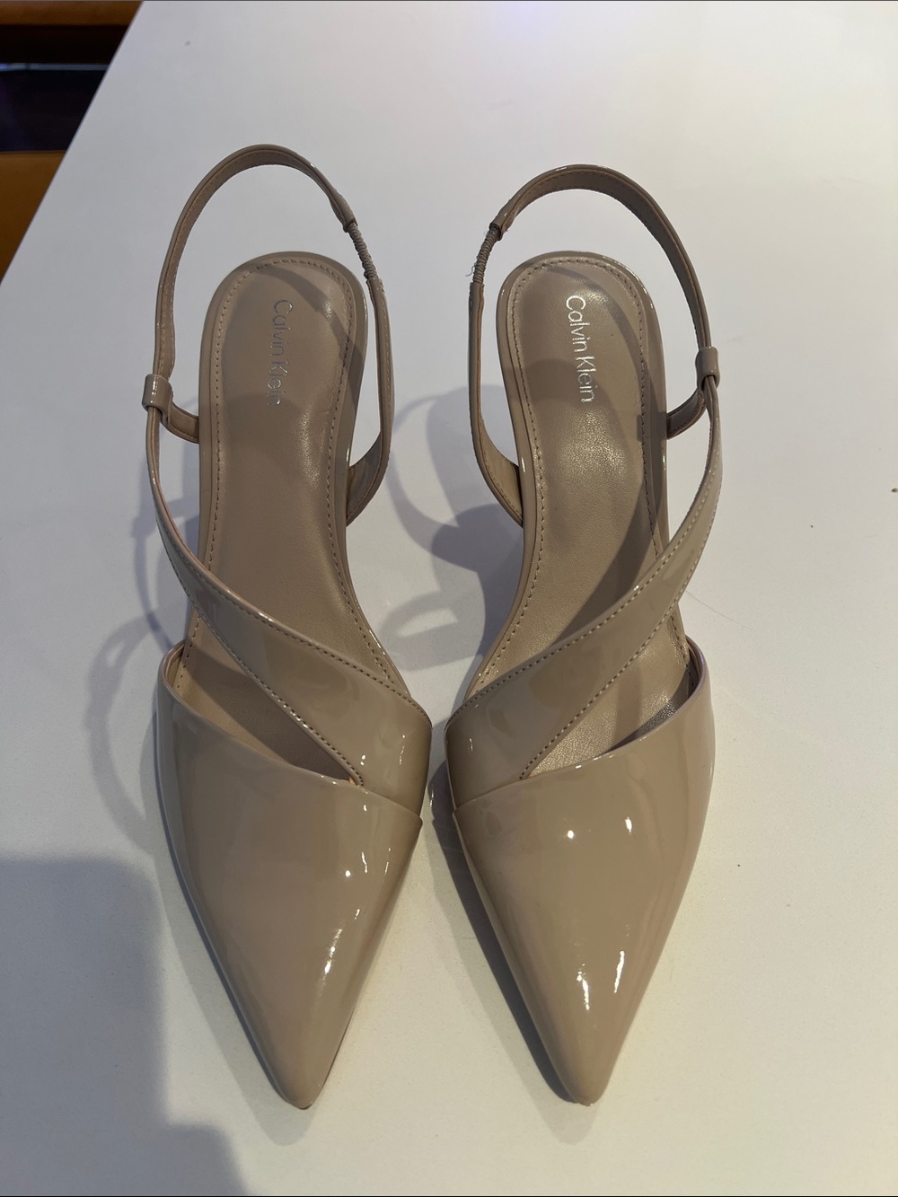 Calvin Klein Patent Pointed-Toe Slingback Heels in Nude Taupe